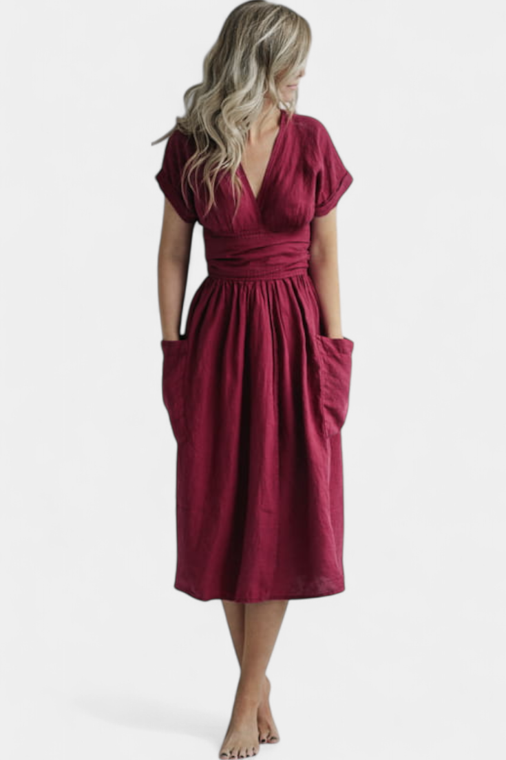 Cressida Vestido de Algodón con Escote en V y Cintura Ajustable