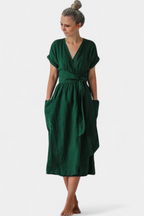 Cressida Vestido de Algodón con Escote en V y Cintura Ajustable