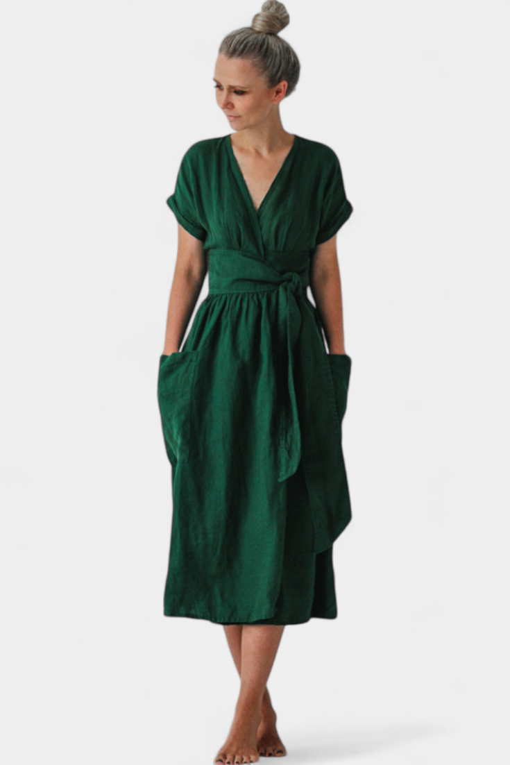 Cressida Vestido de Algodón con Escote en V y Cintura Ajustable