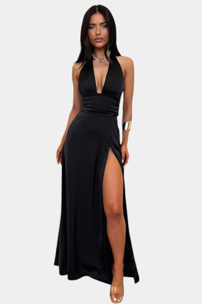 Latisha Vestido de Cuello Halter y Gran Abertura