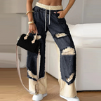 Patchwork-Denim-Elastic-Kordelzug-Hose mit weitem Bein