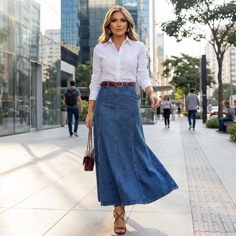 Falda maxi vaquera para mujer – Cintura alta y corte en A