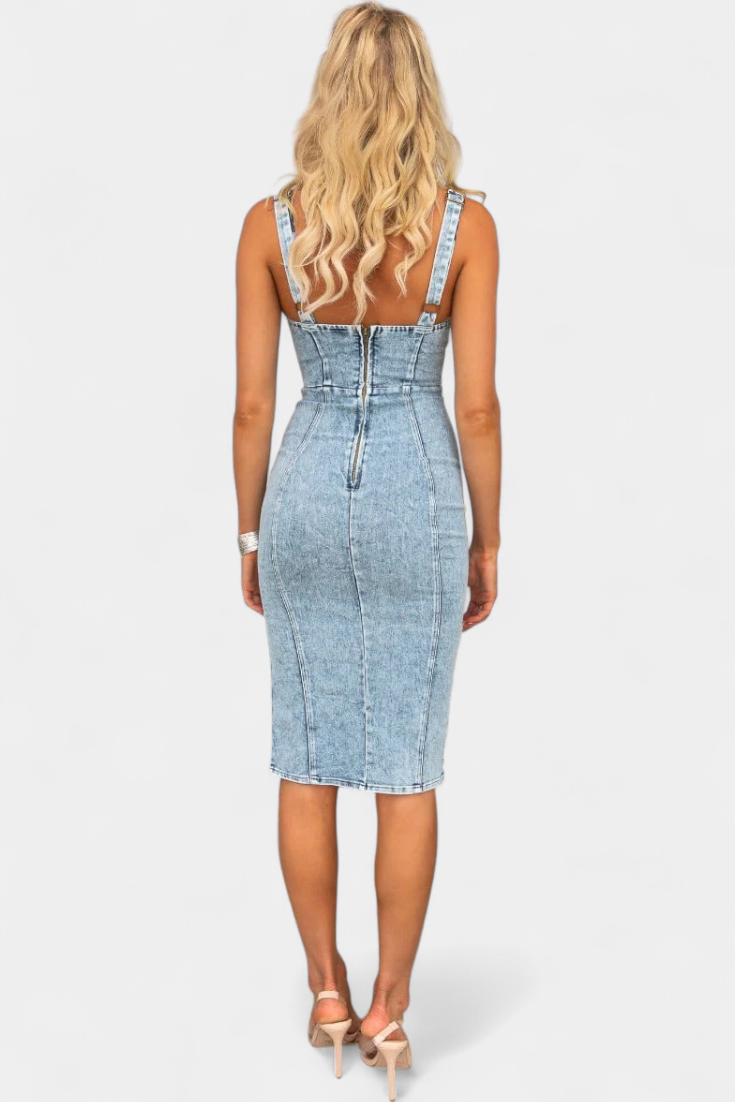 Janessa Vestido Denim con Tirantes Ajustables y Abertura Frontal
